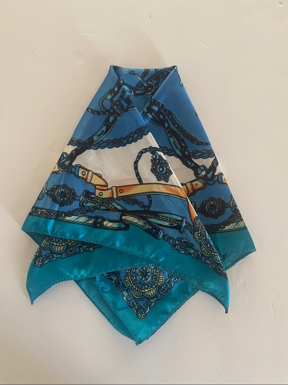 19” Satin Square Scarf  Equestrian Heritage Turquoise Blue, Ivory White